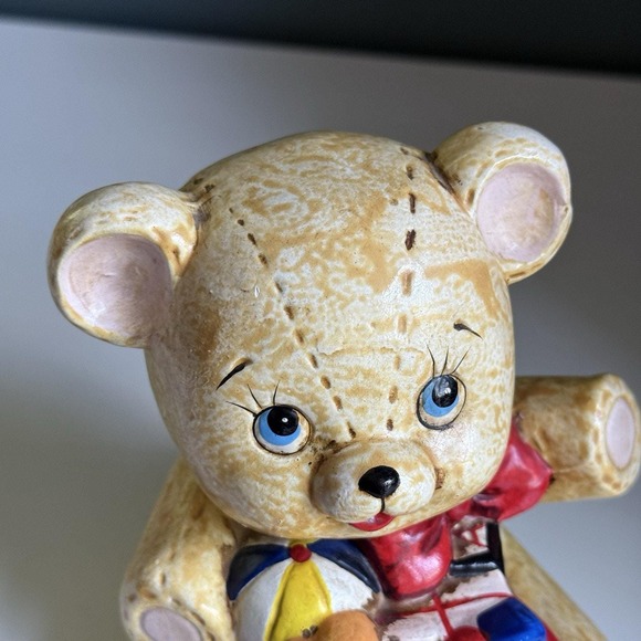 Vintage 1981 ENESCO Teddy Bear W/ Toys Drum Coin Bank COLORFUL Train‎ Rare T65 - Picture 5 of 9